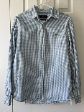 Vineyard Vines Boys Blue & Green Check button-down Whale Shirt size M EUC